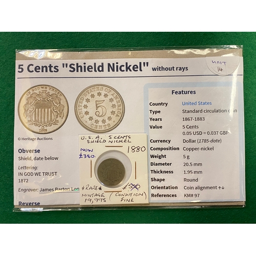 80 - 1880 U.S.A. 5 Cents Shield Nickel RARE Low (19995) Mintage, Fine