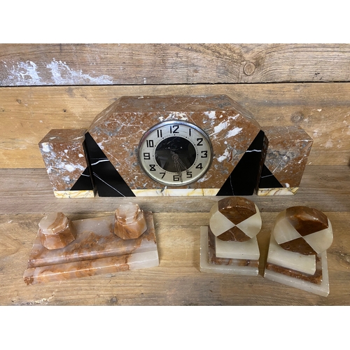 90 - Marble Mantle Clock (AF) with Garnitures, Second set of Garnitures and a Marble Double Inkwell