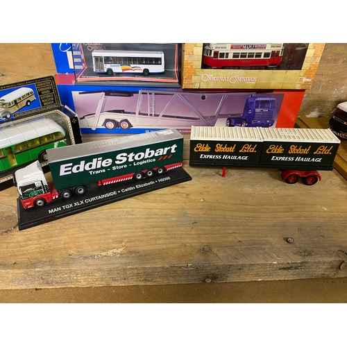 179 - Collection of Mixed Diecast Vehicles including Wooden Eddie Stobart Display Plinth