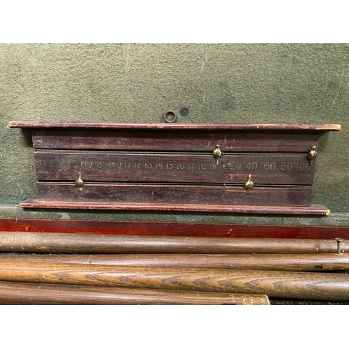 189 - Vintage Billiards Table with Balls, Scoreboard and Cue