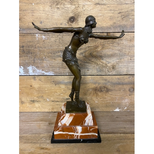 226 - French Deposee Bronze Art Deco Dancing Lady Flapper Girl on Rosa Marble Base, signed D. H. Chiperus