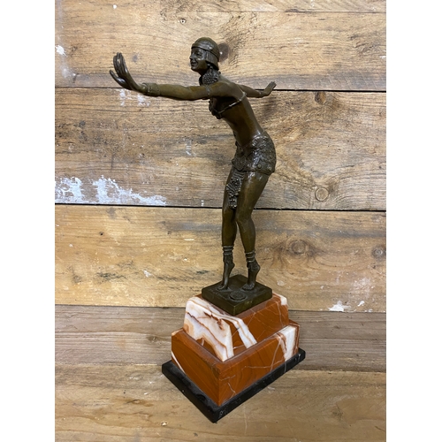 226 - French Deposee Bronze Art Deco Dancing Lady Flapper Girl on Rosa Marble Base, signed D. H. Chiperus