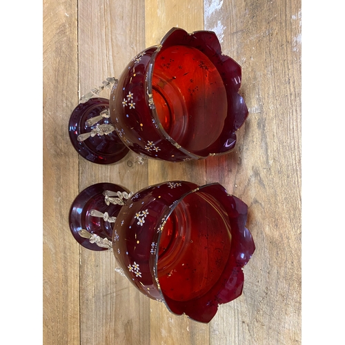 316 - Pair of Cherry Red Victorian Lustre Vases, AF