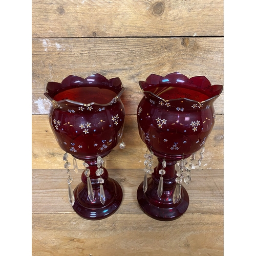 316 - Pair of Cherry Red Victorian Lustre Vases, AF