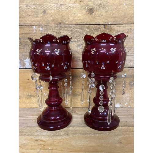 316 - Pair of Cherry Red Victorian Lustre Vases, AF