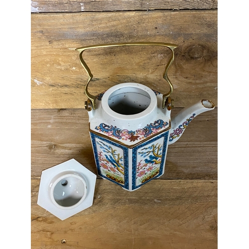 346 - Oriental Brass Handled Ceramic Teapot with Four Cups