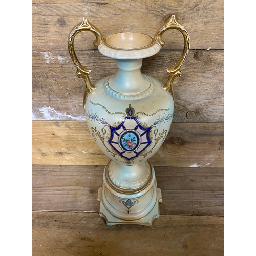 354 - Ceramic Vase with Twin Handles on Plinth, stamped Royal Avon