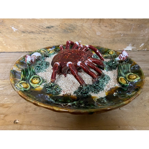 372 - F. Mendes Portuguese Majolica Crab Plate, chipped