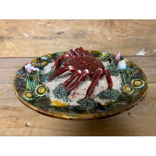 372 - F. Mendes Portuguese Majolica Crab Plate, chipped