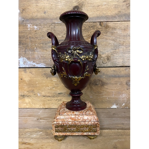 377 - Gilt Patinated Metal Urn on Rosa Marble Base, possibly bronze 41cm