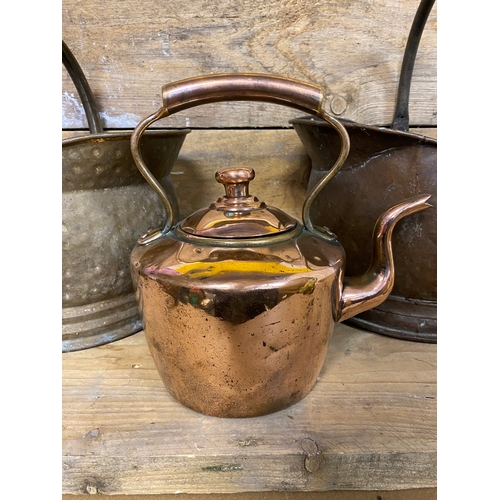 395 - Polished Copper Kettle with Pair of Coal Scuttles, one copper one brass