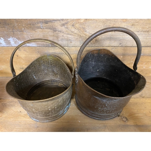 395 - Polished Copper Kettle with Pair of Coal Scuttles, one copper one brass