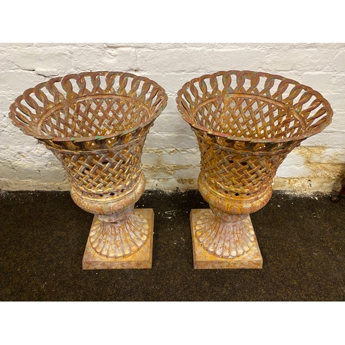 412 - Pair of French Lattice Style Cast Iron Urns, Lovely Patina