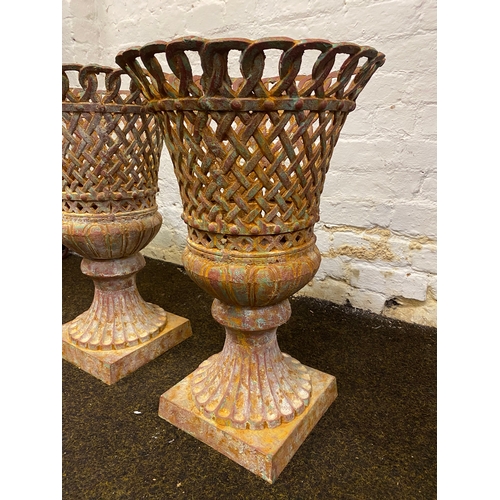 412 - Pair of French Lattice Style Cast Iron Urns, Lovely Patina