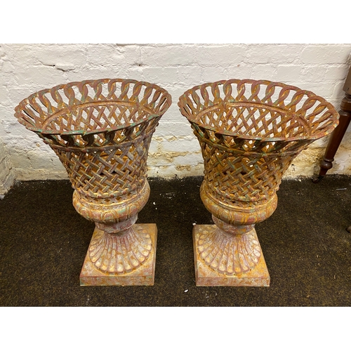 412 - Pair of French Lattice Style Cast Iron Urns, Lovely Patina