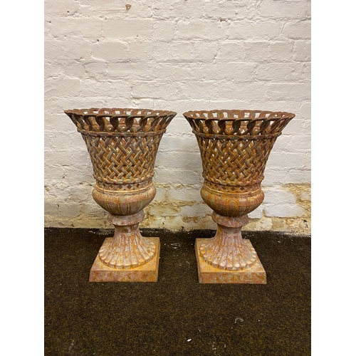 412 - Pair of French Lattice Style Cast Iron Urns, Lovely Patina