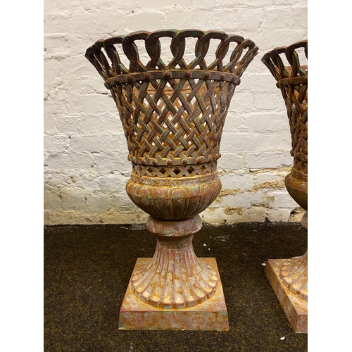 412 - Pair of French Lattice Style Cast Iron Urns, Lovely Patina