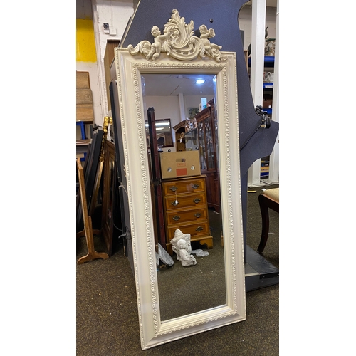 432 - Long Bevelled Mirror featuring Cherubs in White Frame, 143 x 52.5cm