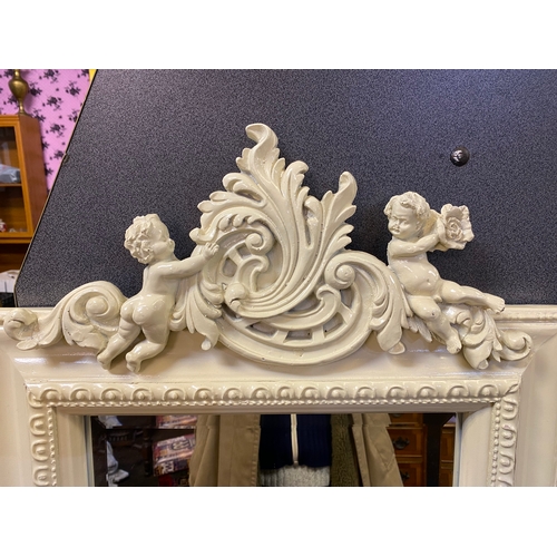 432 - Long Bevelled Mirror featuring Cherubs in White Frame, 143 x 52.5cm