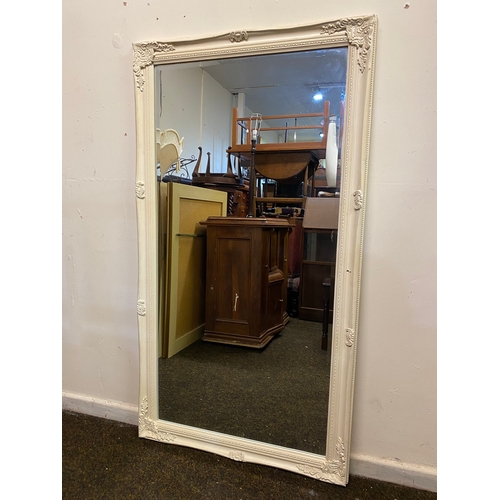 439 - Large Bevelled Mirror in White Painted Ornate Wood and Plaster Frame