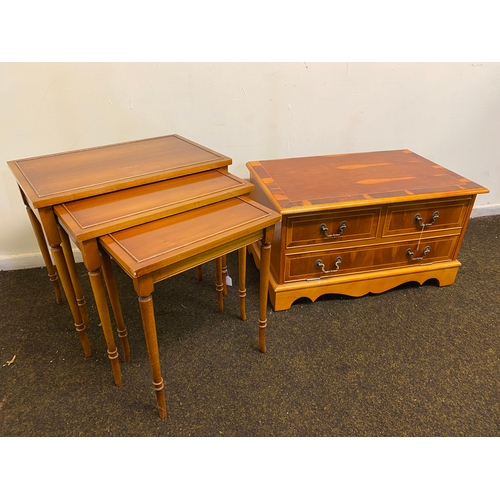 454 - Three Drawer TV Unit and Set of Stacking Tables, possibly Yew Wood