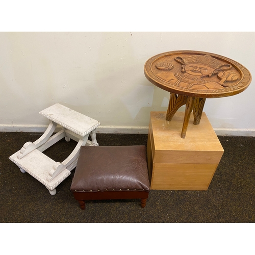 455 - Selection of Small Pieces of Furniture Including Carved Table, Small footstool with storage, wooden ... 