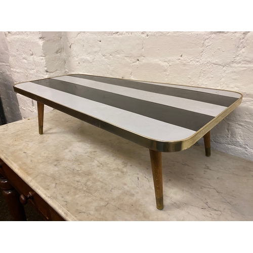 475 - Low Black and White Striped Mid Century Coffee Table, Repaired Leg