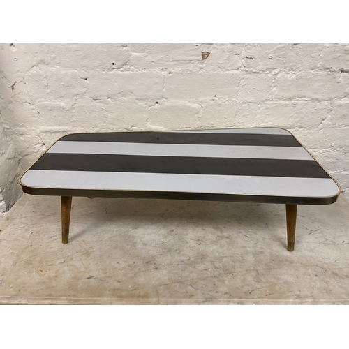 475 - Low Black and White Striped Mid Century Coffee Table, Repaired Leg