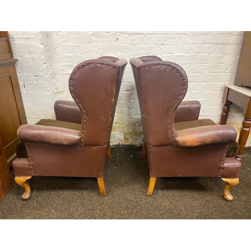 486 - Pair of Brown Leather Button Backed Queen Anne Armchairs