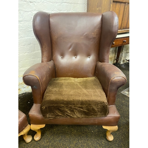 486 - Pair of Brown Leather Button Backed Queen Anne Armchairs