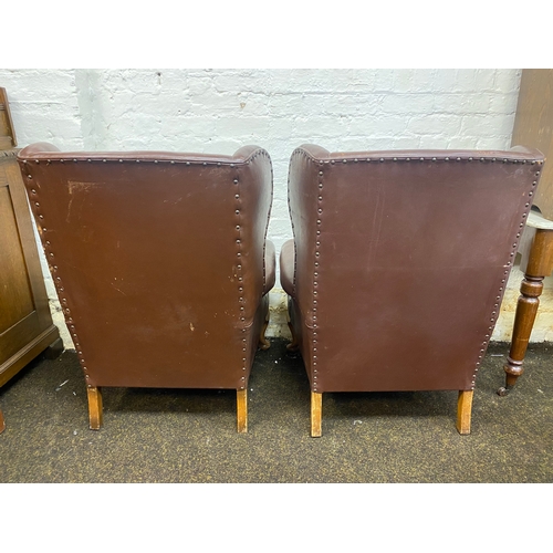 486 - Pair of Brown Leather Button Backed Queen Anne Armchairs