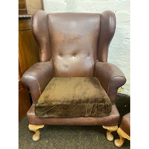 486 - Pair of Brown Leather Button Backed Queen Anne Armchairs