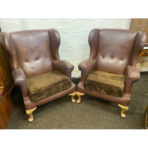 486 - Pair of Brown Leather Button Backed Queen Anne Armchairs