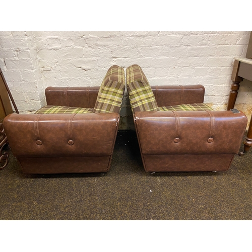 493 - Pair of Mid Century Brown Vinyl Button Side Club Chairs on Casters, small splits on the arms