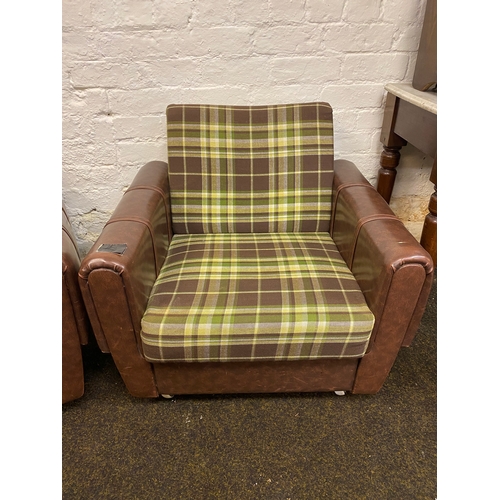 493 - Pair of Mid Century Brown Vinyl Button Side Club Chairs on Casters, small splits on the arms