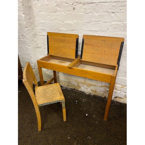 497 - Double Wooden School Desk with Chair, featuring Brass Inkwells from Kingfisher Ltd.