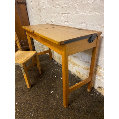 497 - Double Wooden School Desk with Chair, featuring Brass Inkwells from Kingfisher Ltd.