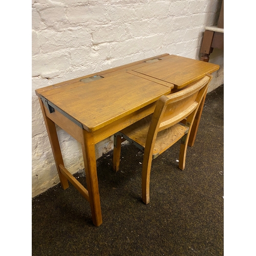 497 - Double Wooden School Desk with Chair, featuring Brass Inkwells from Kingfisher Ltd.