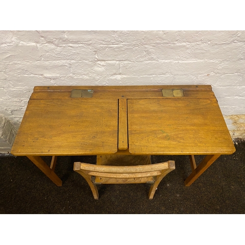 497 - Double Wooden School Desk with Chair, featuring Brass Inkwells from Kingfisher Ltd.