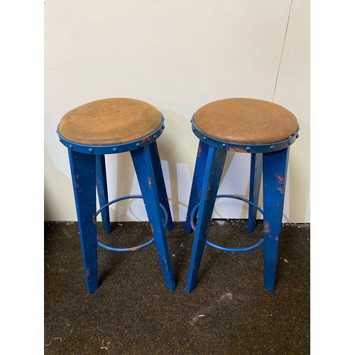 505 - Pair of Industrial Style Metal Stools with Suede Leather Seats