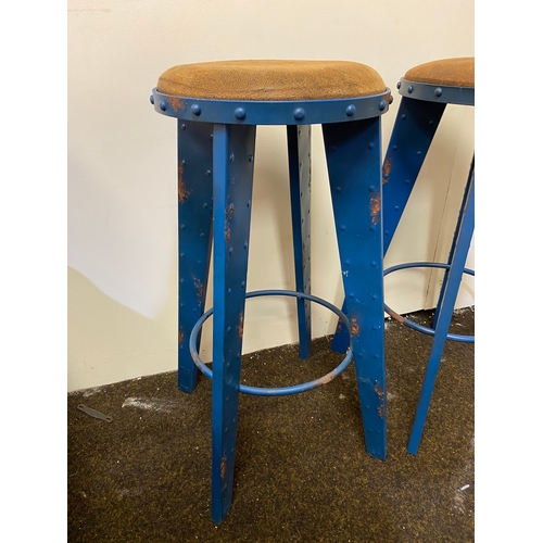 505 - Pair of Industrial Style Metal Stools with Suede Leather Seats