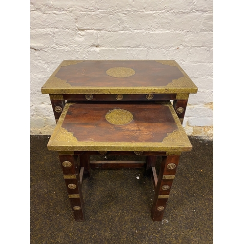 513 - Pair of Dark Wood Stacking Tables with Brass Accents