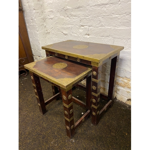 513 - Pair of Dark Wood Stacking Tables with Brass Accents