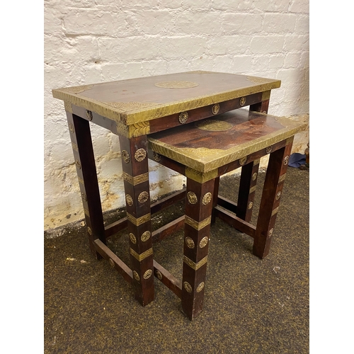 513 - Pair of Dark Wood Stacking Tables with Brass Accents