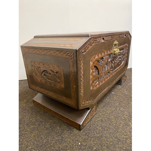 518 - Heavily Carved Oriental Chest with Clean Camphor Wood Interior and Brass Lock