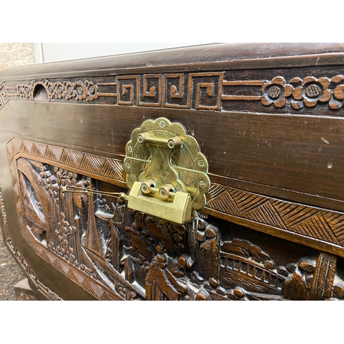 518 - Heavily Carved Oriental Chest with Clean Camphor Wood Interior and Brass Lock