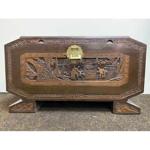 518 - Heavily Carved Oriental Chest with Clean Camphor Wood Interior and Brass Lock