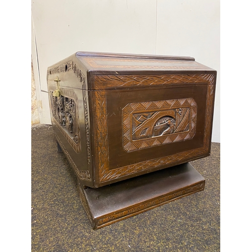 518 - Heavily Carved Oriental Chest with Clean Camphor Wood Interior and Brass Lock