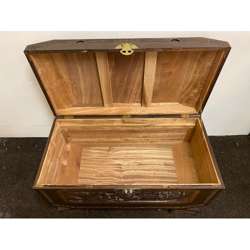 518 - Heavily Carved Oriental Chest with Clean Camphor Wood Interior and Brass Lock