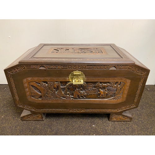 518 - Heavily Carved Oriental Chest with Clean Camphor Wood Interior and Brass Lock